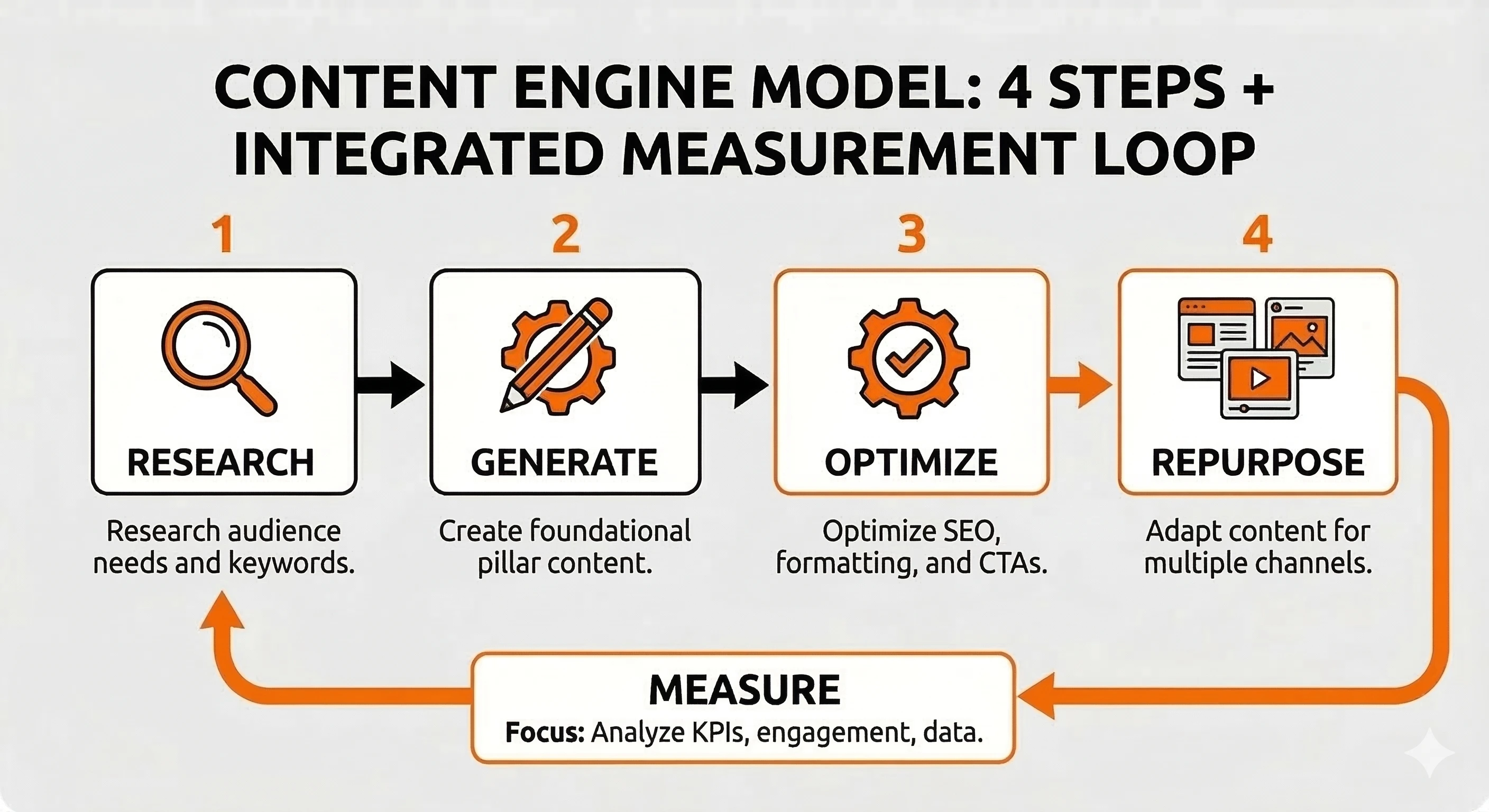 Content Engine Model diagram — a 5-step framework for scalable content creation: Research, Generate, Optimize, Repurpose, and Measure